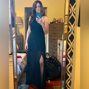 Express floor length beautiful sleeveless sheer black dress with two slits NWT